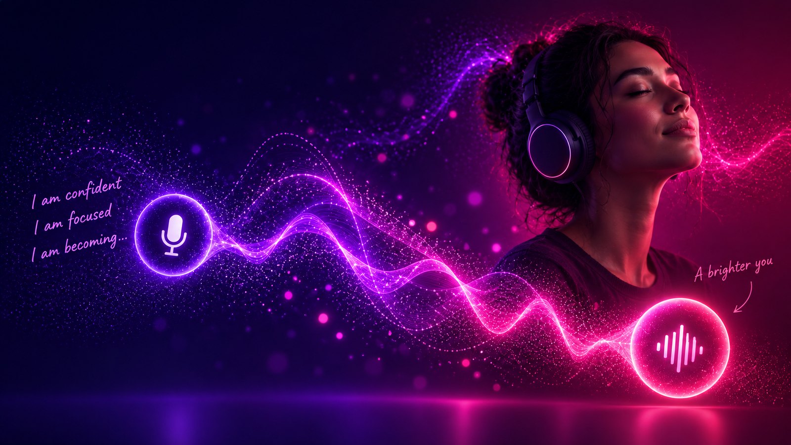 A woman in headphones with her eyes closed, a stream of light carrying the words I am confident, I am focused, I am becoming from a microphone towards a waveform